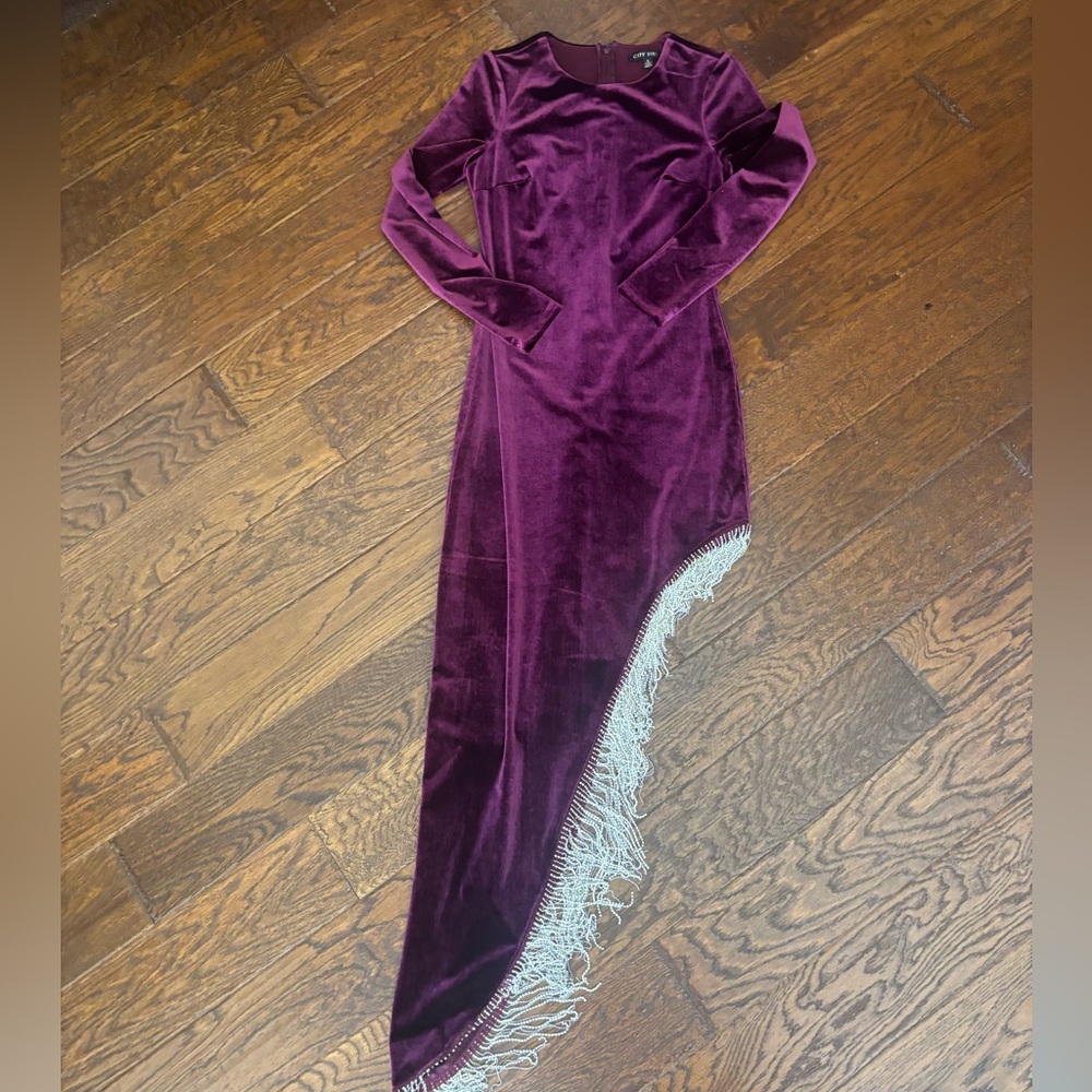 Deep Purple Velvet Asymmetrical Dress with Fringe